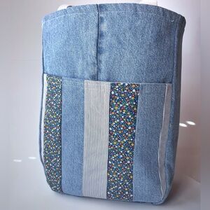 Denim Tote Bag with Floral Accents- Large